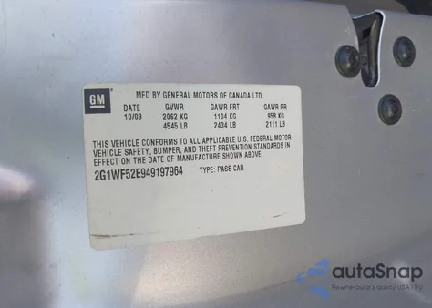 2004 Chevrolet Impala из США, поврежденный, VIN 2G1WF52E949197964